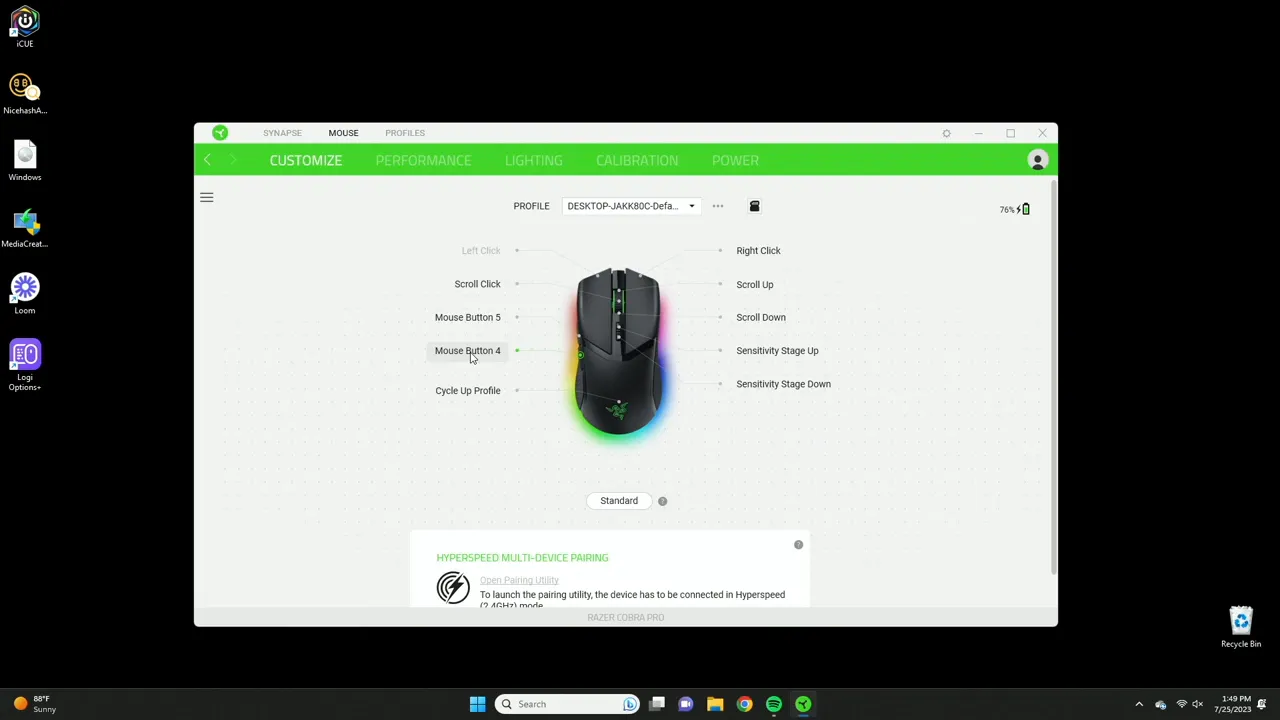 Razer Synapse initial screen showing Cobra Pro mouse