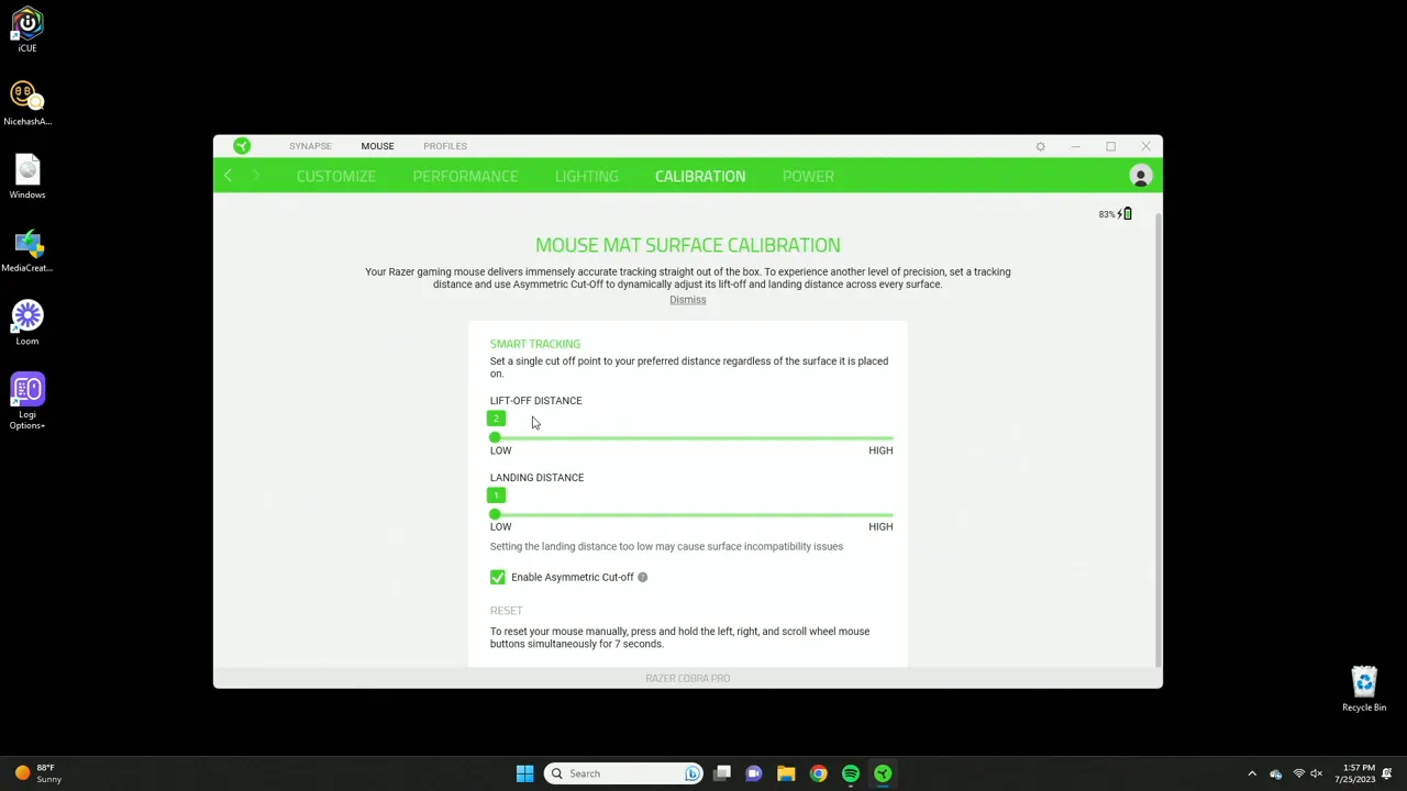 Calibration screen showing liftoff and landing distance settings