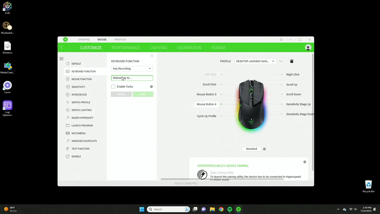 Customization panel with Mouse Button 4 options visible