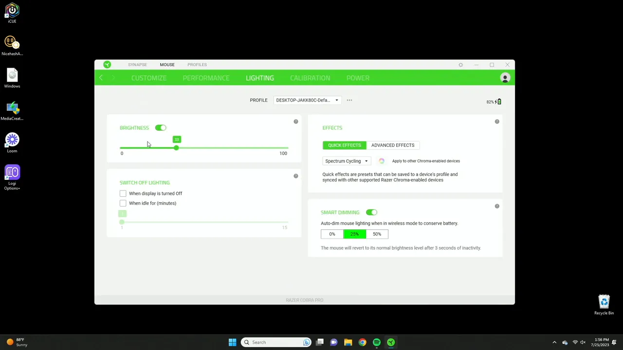 Lighting tab showing brightness slider and color presets