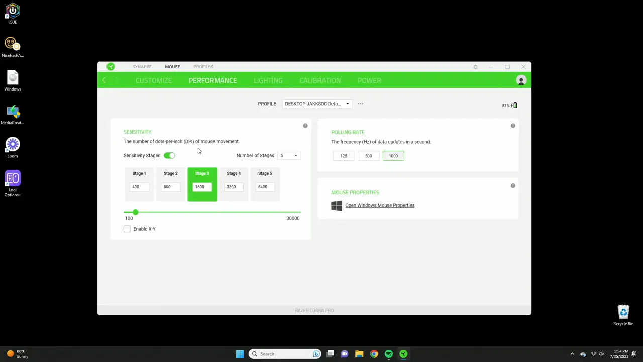 Performance tab showing DPI stages and polling rate options