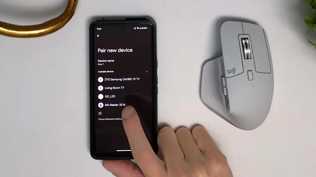 Phone Bluetooth screen reading 'Pair new device' with 'MX Master 3S M' listed and a finger selecting it; MX Master 3s mouse sits to the right.