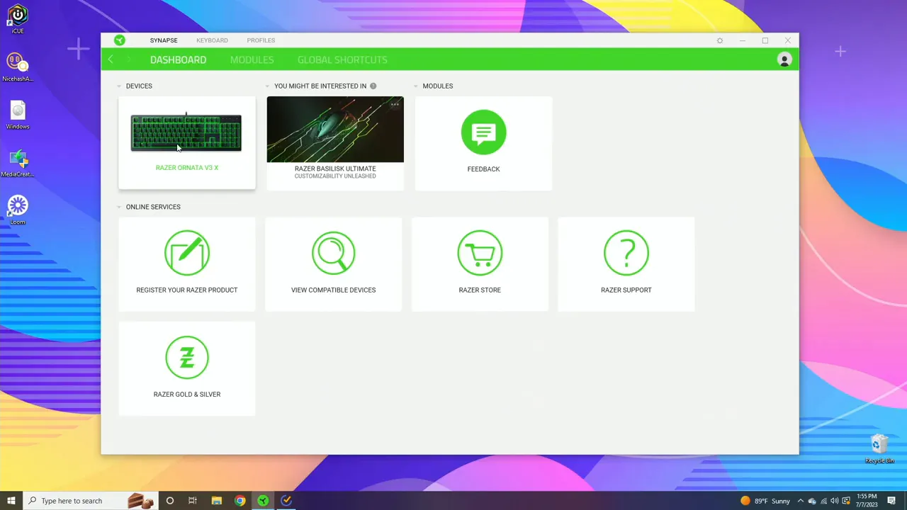 Razer Synapse dashboard with Ornata V3 X tile and profile tabs; cursor hovering over the device tile