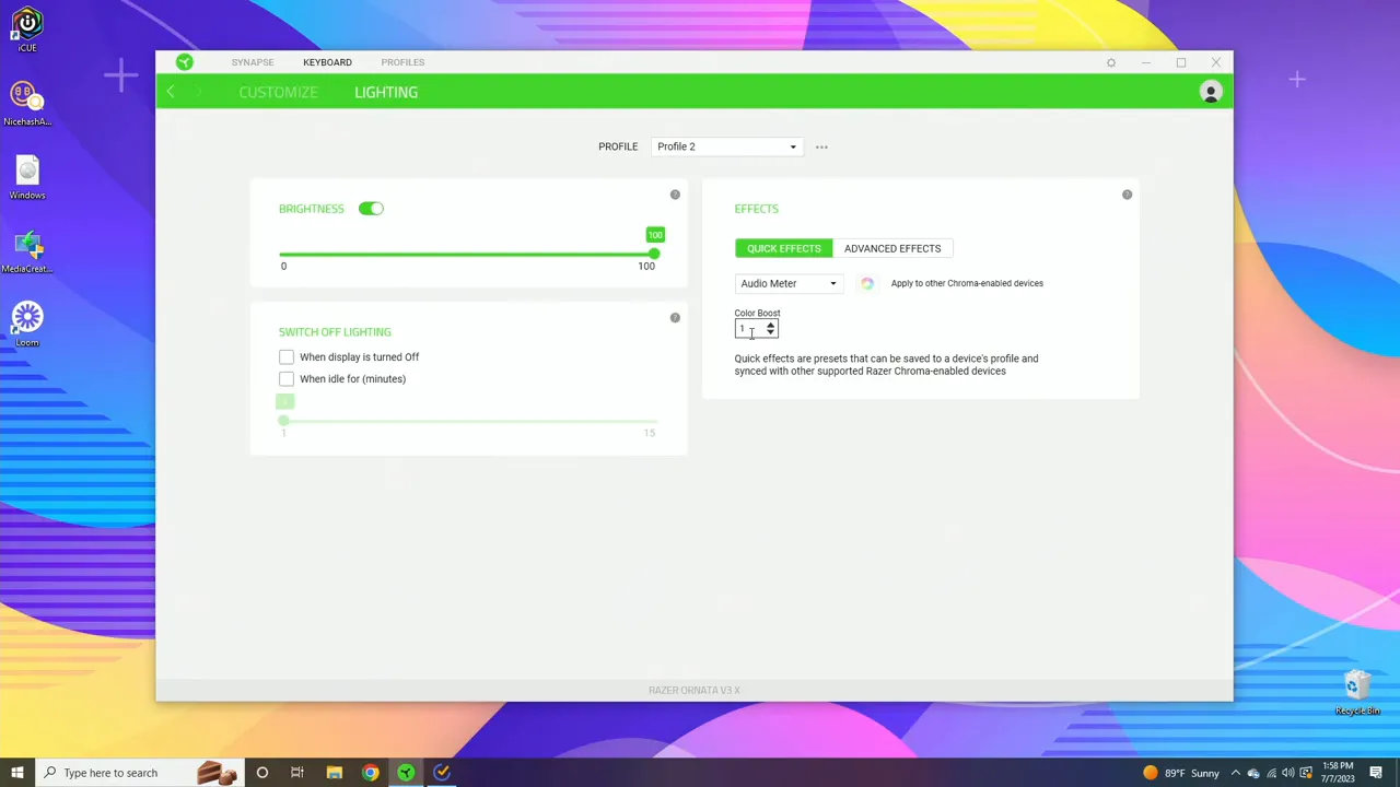 Razer Synapse lighting settings showing brightness slider and Audio Meter effect