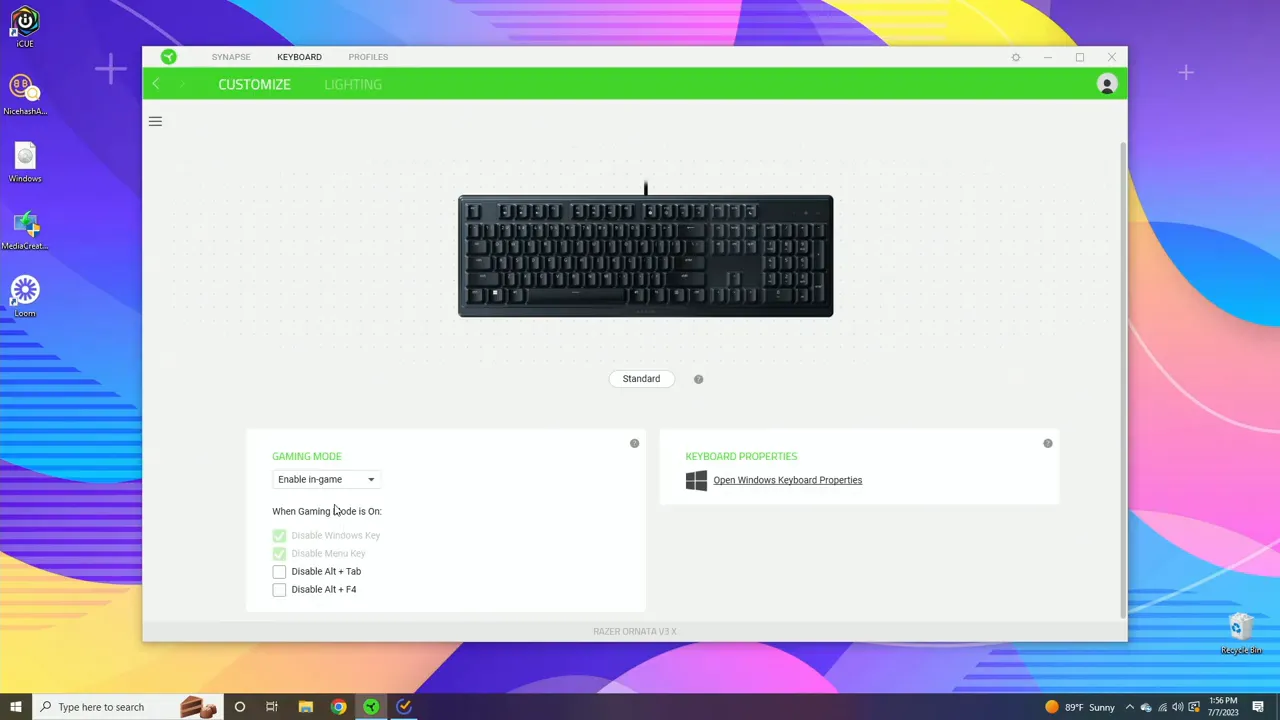 Razer Synapse gaming mode set to Enable in-game with disable Windows key checkbox visible