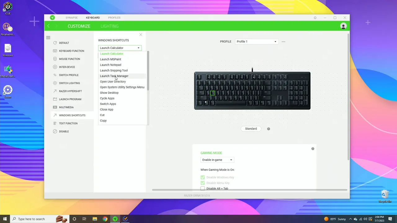 Razer Synapse customize window showing the Windows Shortcuts dropdown with 'Launch Calculator' highlighted and the Ornata V3 X keyboard preview
