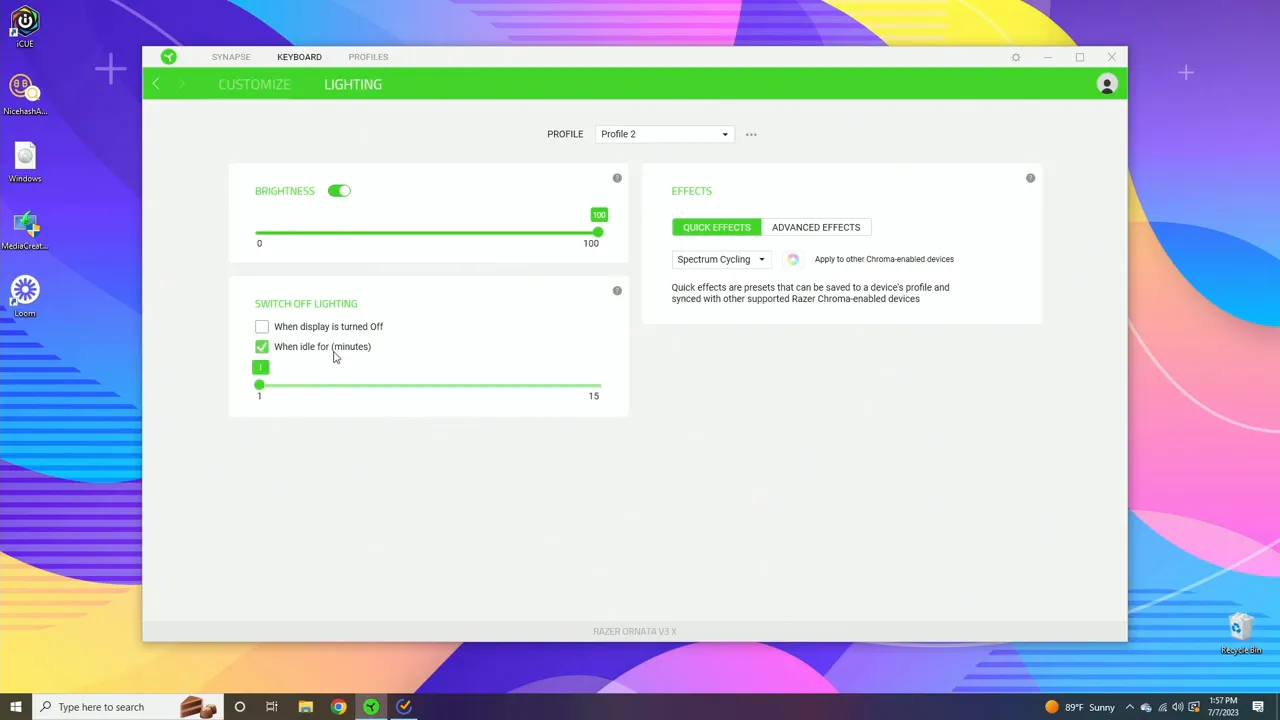 Razer Synapse lighting settings showing brightness slider and 'when idle for (minutes)' timer enabled