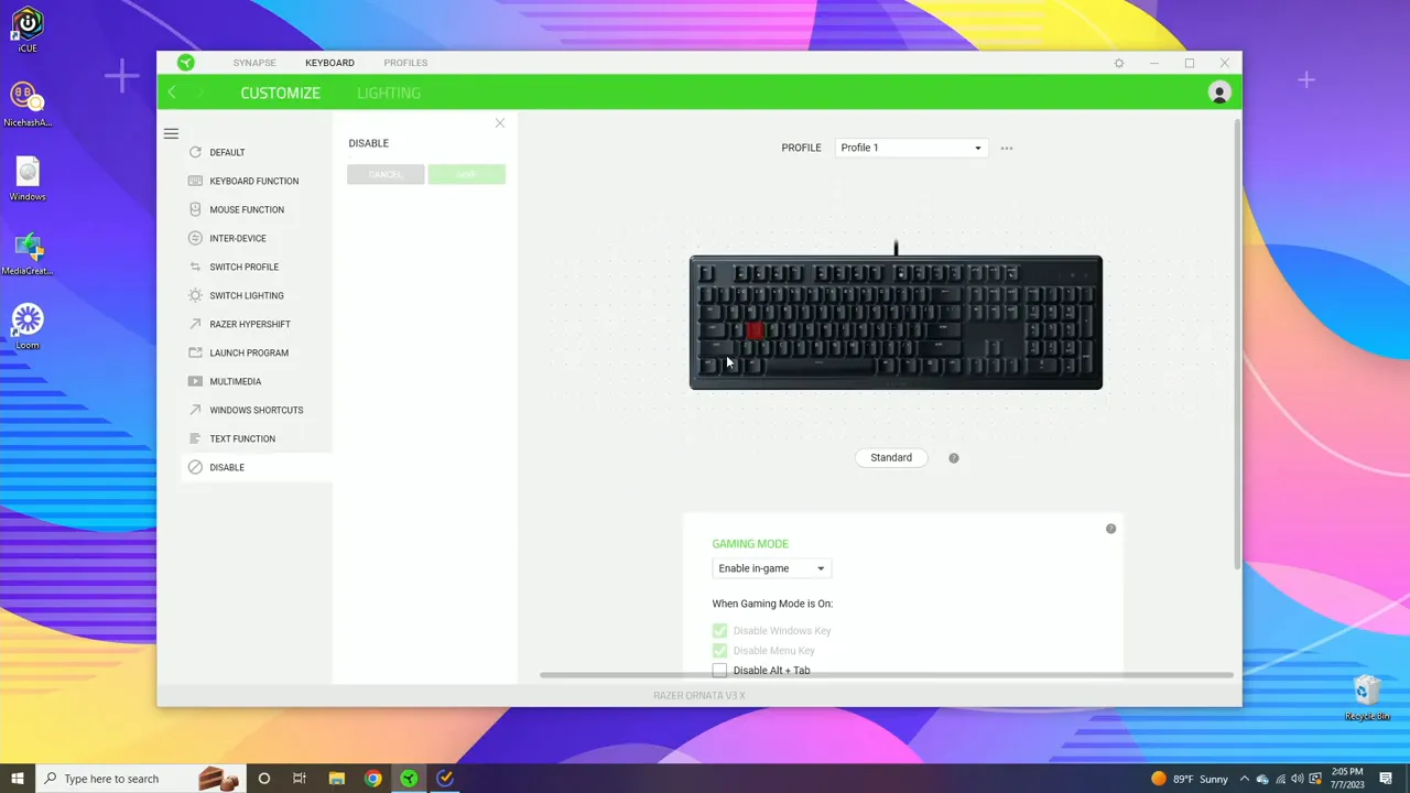 Razer Synapse keyboard preview with a single key highlighted in red to indicate it is disabled