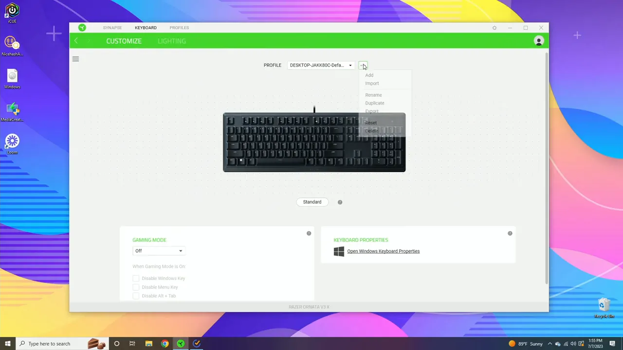 Razer Synapse profile options menu with Add Import Rename Duplicate Export Reset Delete