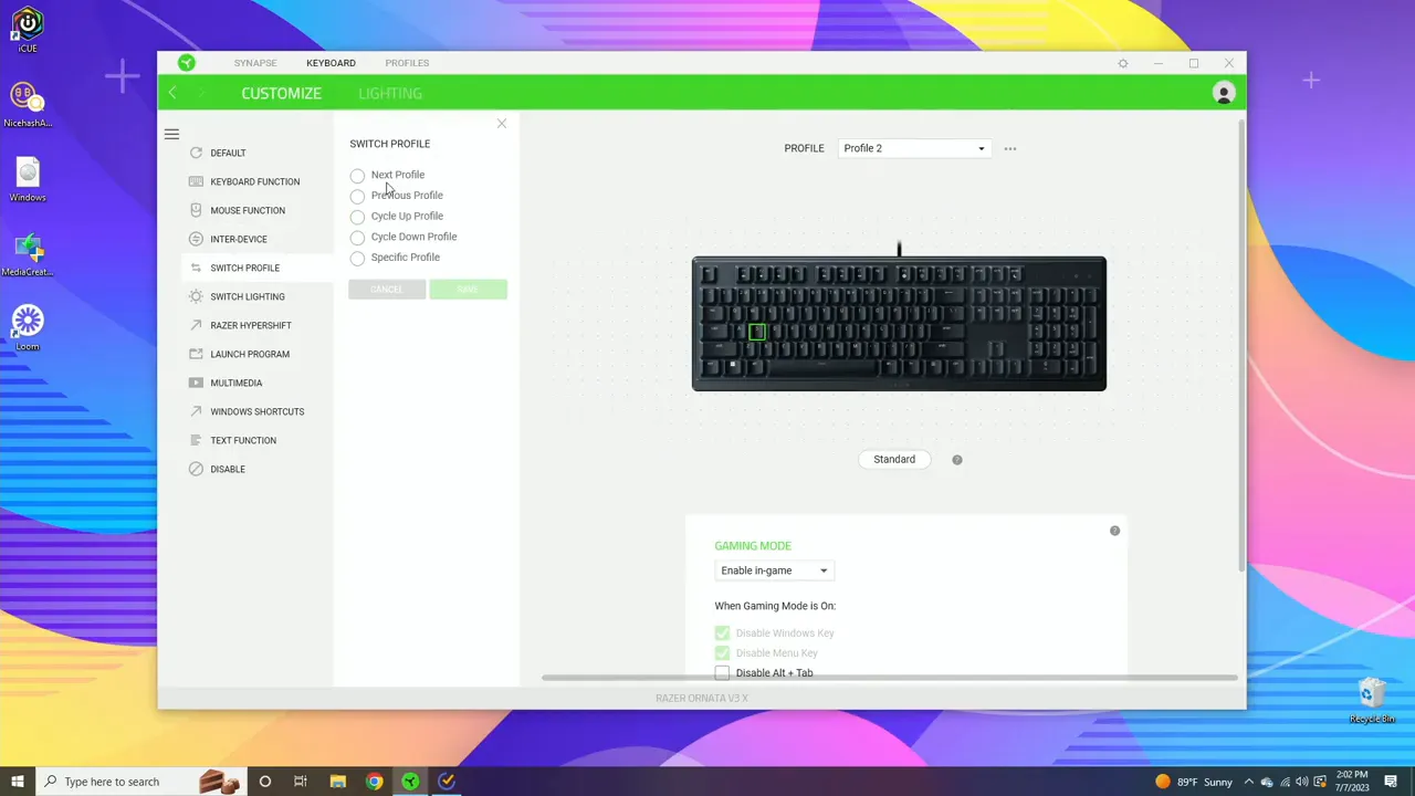 Razer Synapse customize window with left-side function list showing Mouse Function, Inter-Device and Razer Hypershift and keyboard preview