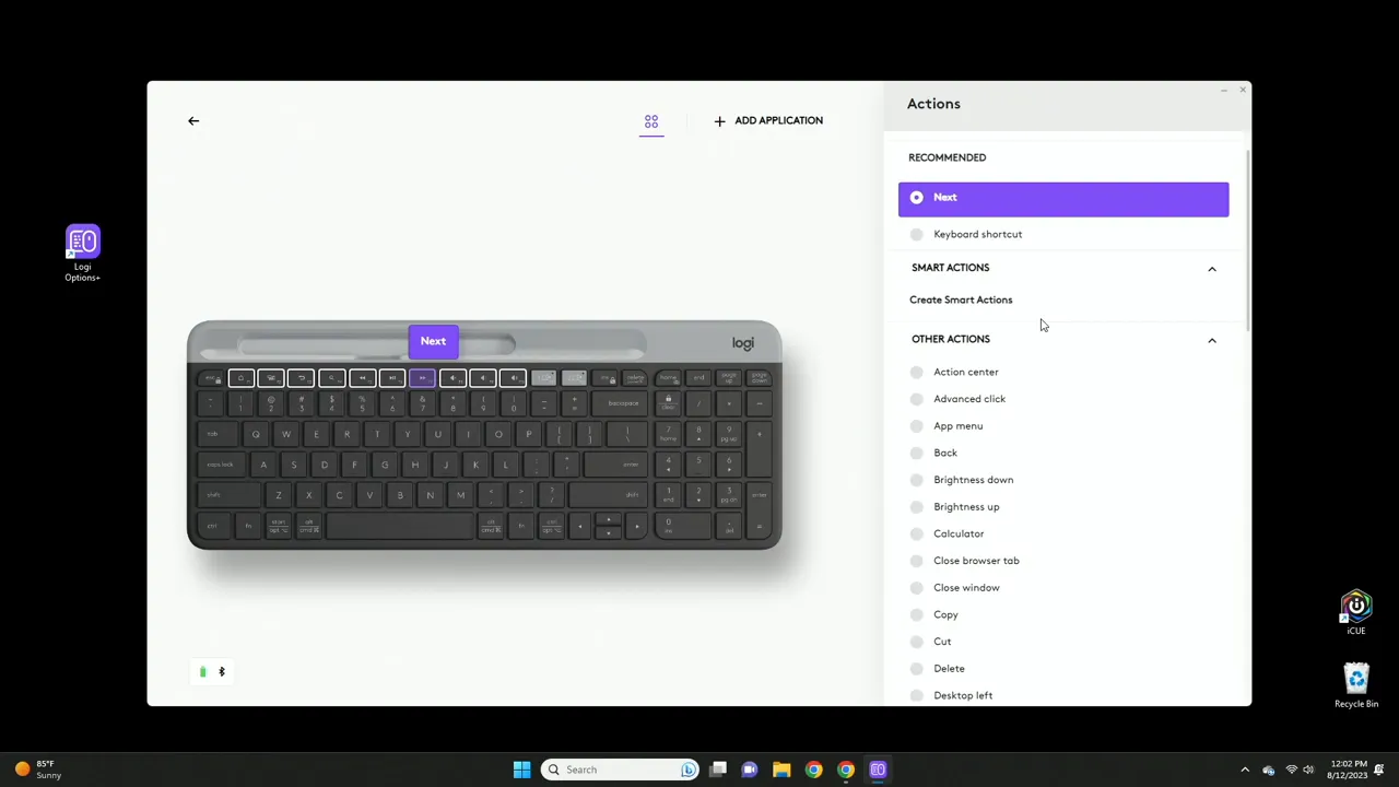 Logi Options Plus software showing customization options for media controls and profiles