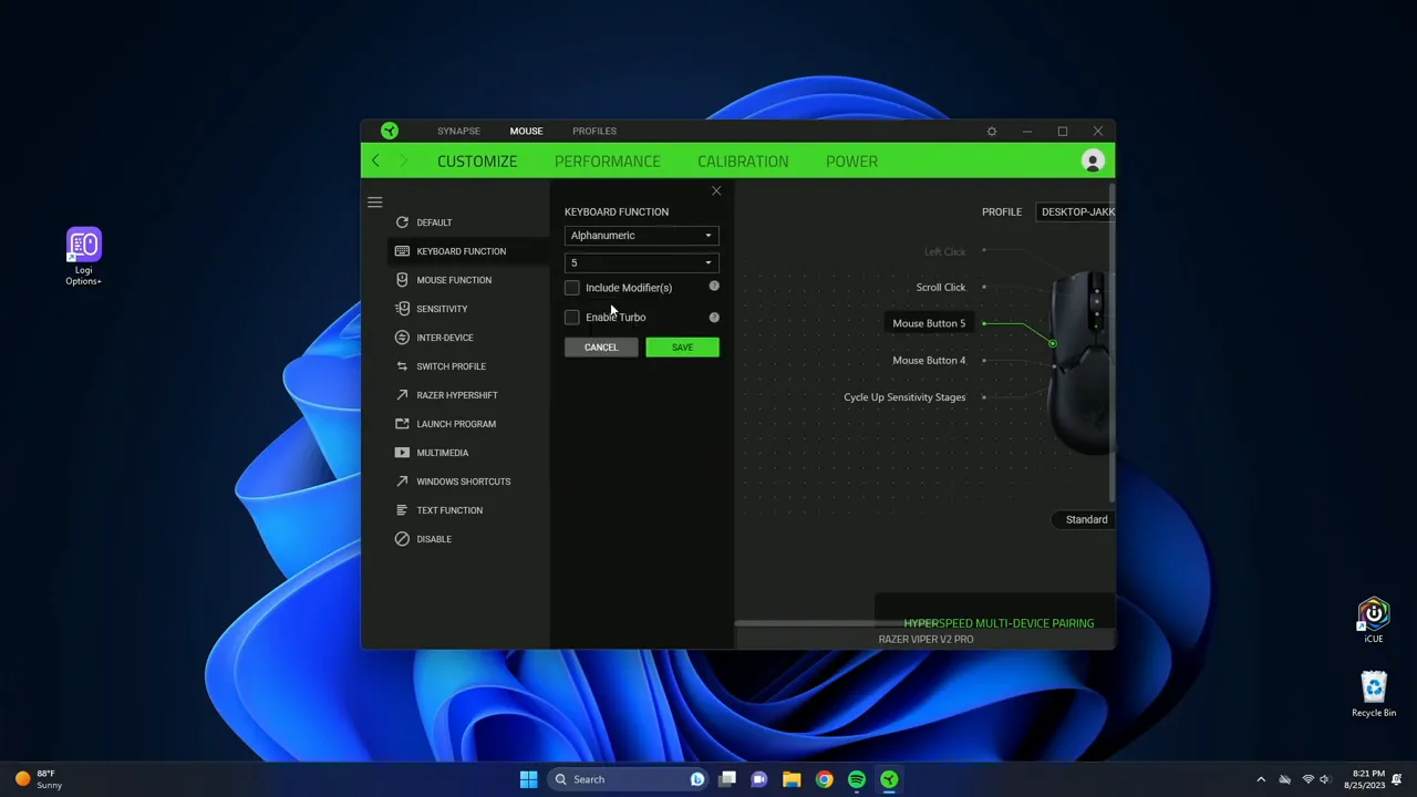 Assigning keyboard functions to a mouse button in Synapse