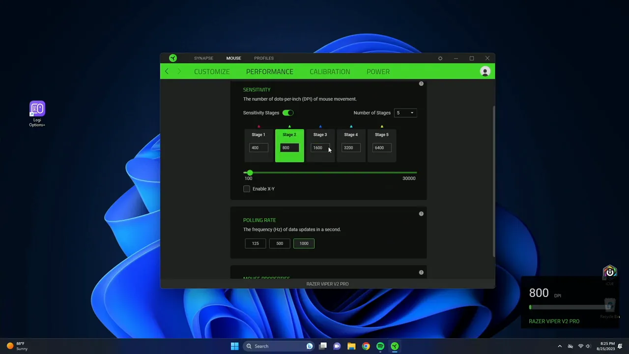 Performance tab showing DPI stages and cycling options