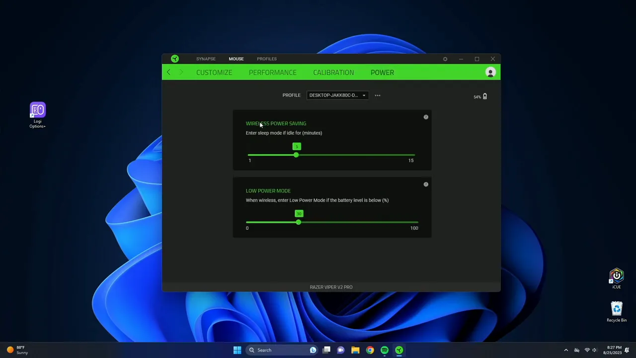 Calibration settings and power mode options