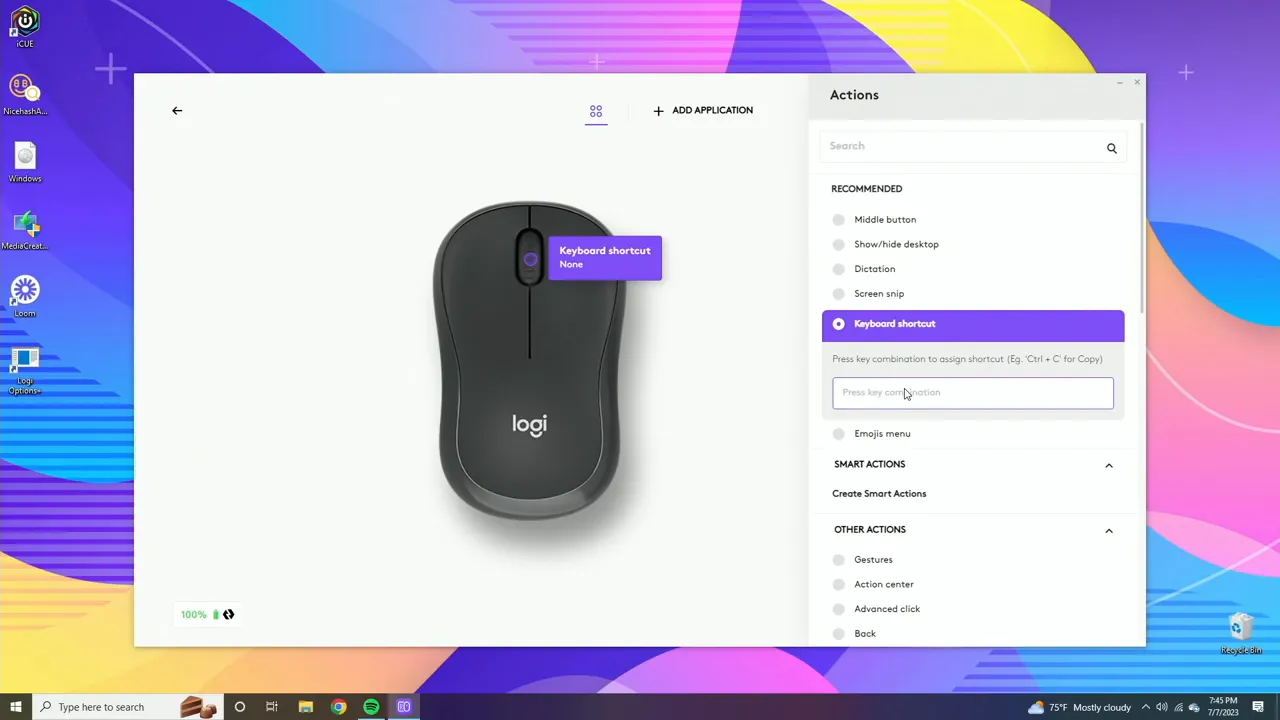 Logi Options Plus interface showing a mouse image on the left and the Actions panel on the right with options like Keyboard shortcut, Screen snip and Smart Actions