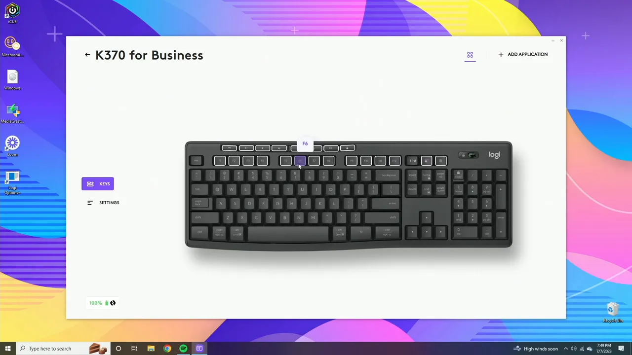 Logi Options Plus keyboard customization showing the F6 key selected for remapping on the MK370