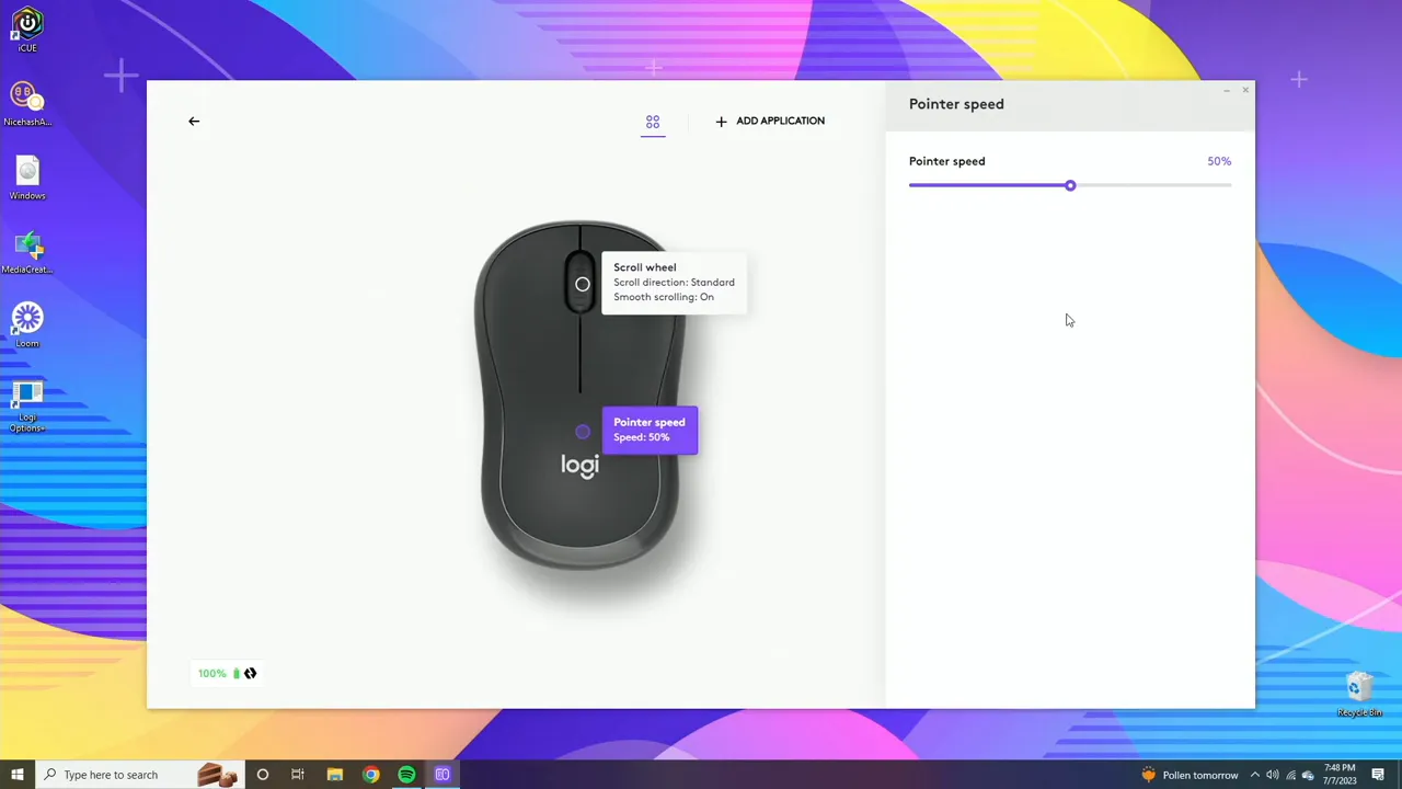 Logi Options Plus pointer speed settings with MK370 mouse illustration and pointer speed slider at 50%
