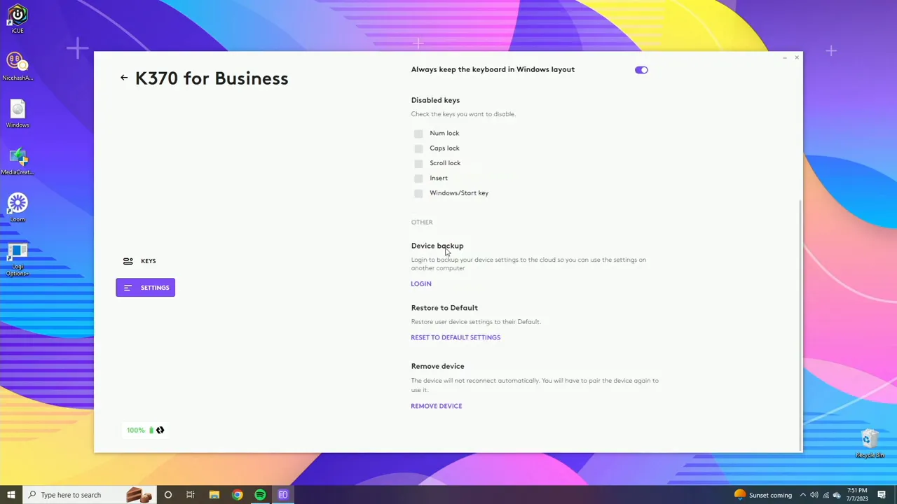 Logi Options Plus K370 settings page showing Device backup, Restore to Default and Disabled keys options