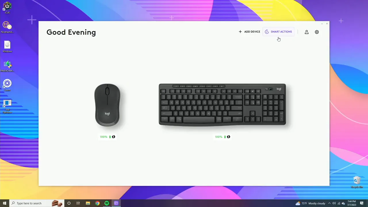 Logi Options Plus dashboard showing MK370 mouse and keyboard connected with battery percentages