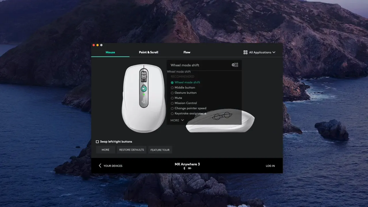Logi Options software showing customization dropdown menu for mouse functions