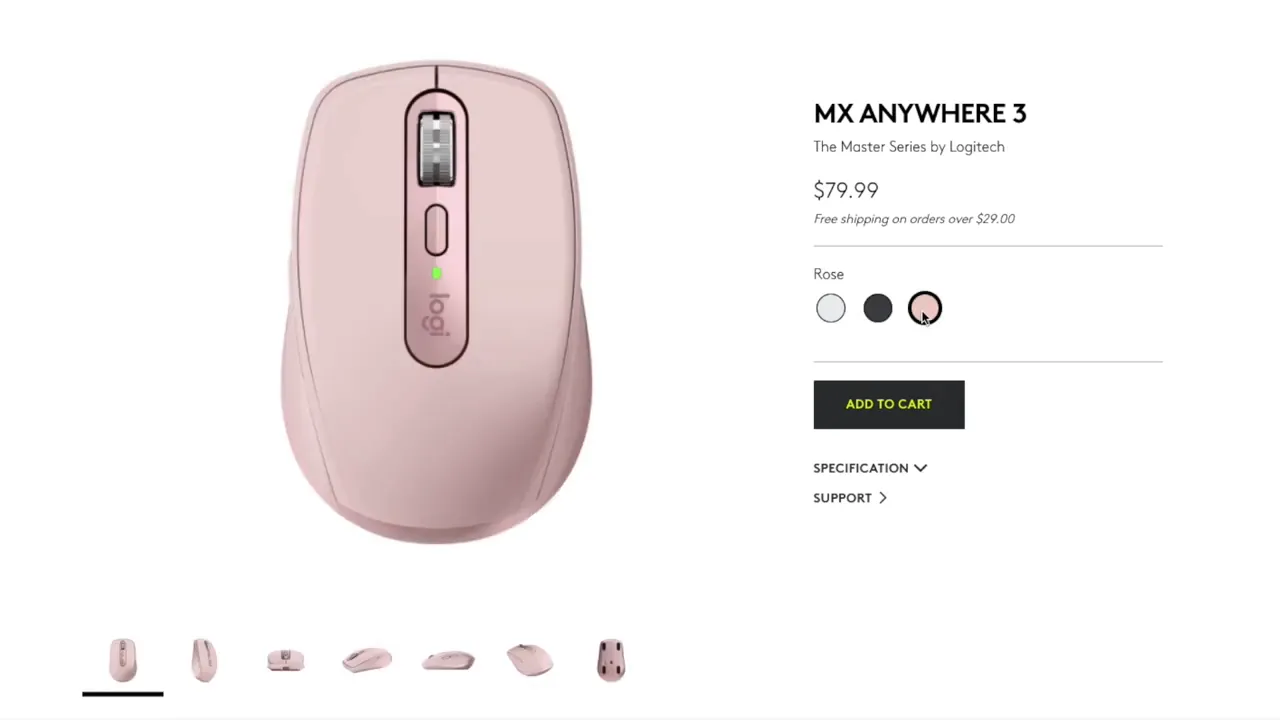 Product page showing the MX Anywhere 3 in pink rose color