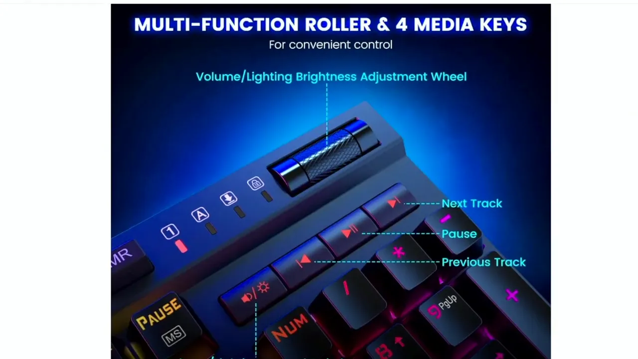 Close-up of keyboard multi-function volume/brightness roller and four media keys labeled next/ pause/ previous