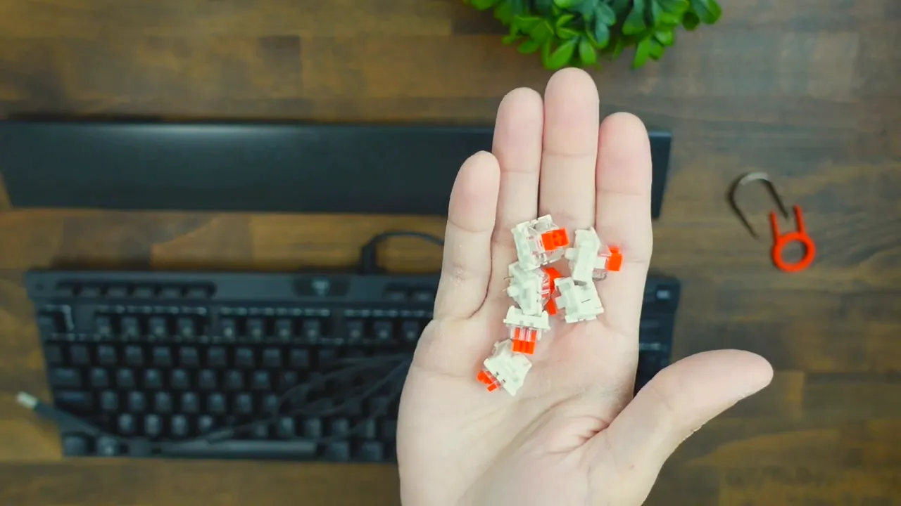 Close-up of a hand holding the spare red mechanical switches with the keyboard, wrist rest, and puller visible in the background.