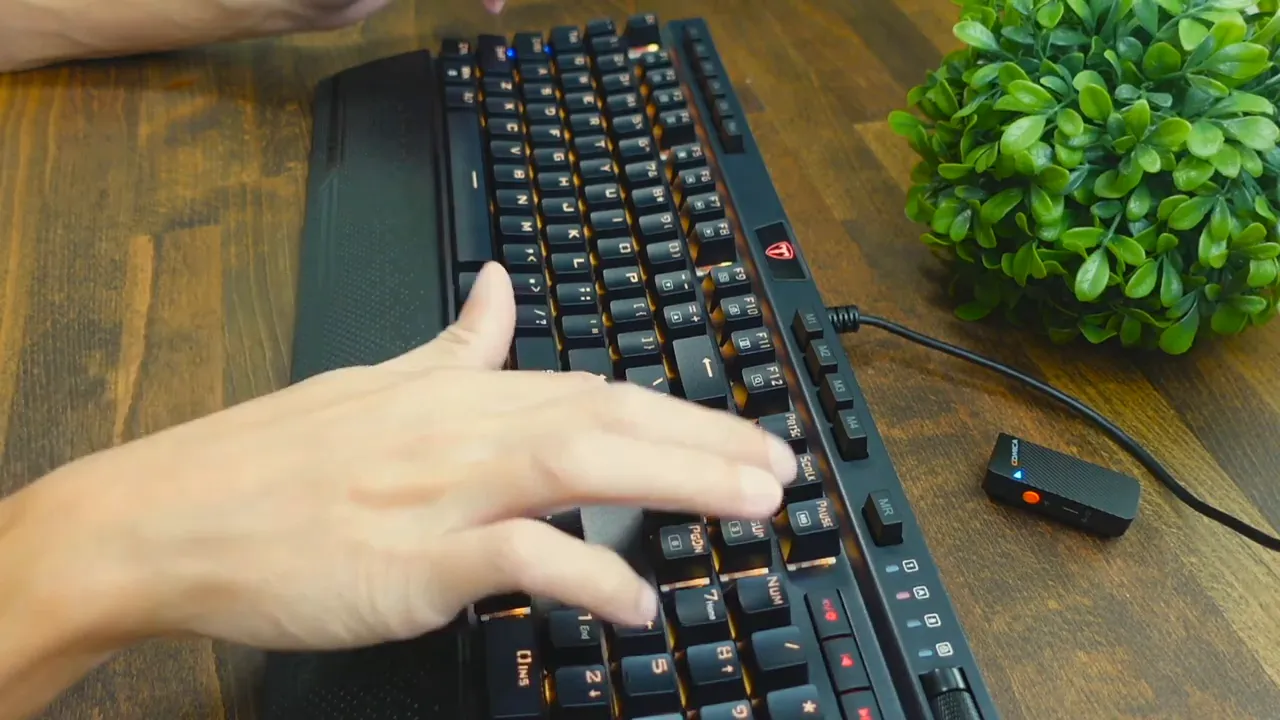 Overhead angled shot of the Risophy full-size keyboard on a wooden desk with textured wrist rest, visible macro keys, media roller and a hand for scale