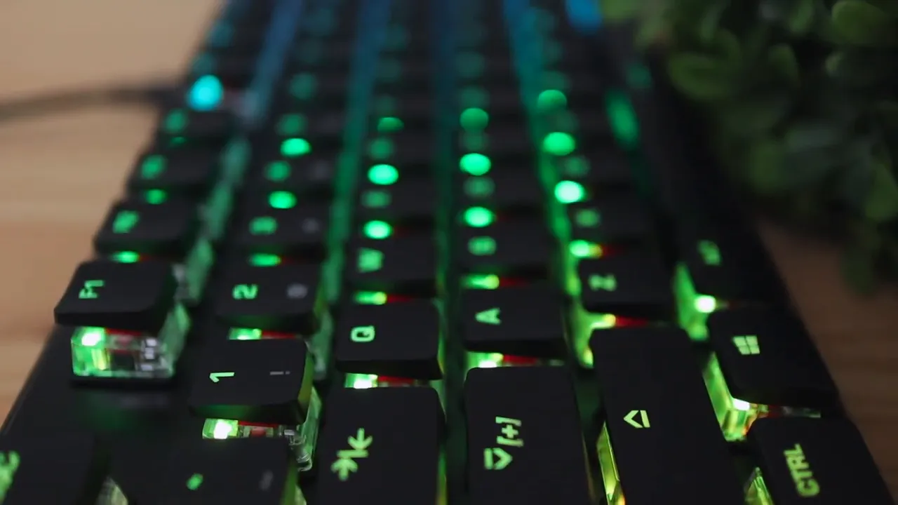 Low angle view across illuminated keycaps with visible transparent switch housings