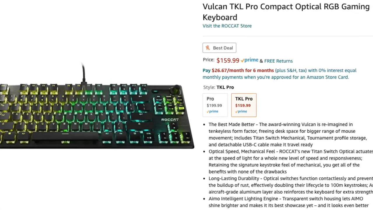 Online product listing showing Vulcan TKL Pro Compact Optical RGB Gaming Keyboard and price