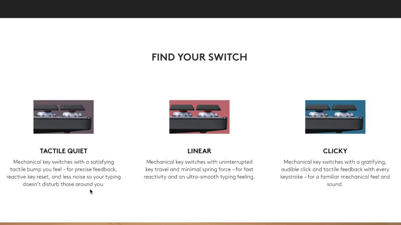 Diagram showing three mechanical switch types: tactile, linear, and clicky