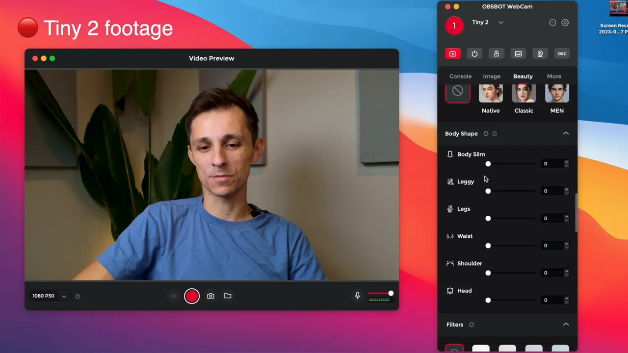 Beauty mode and body-shape sliders in the software