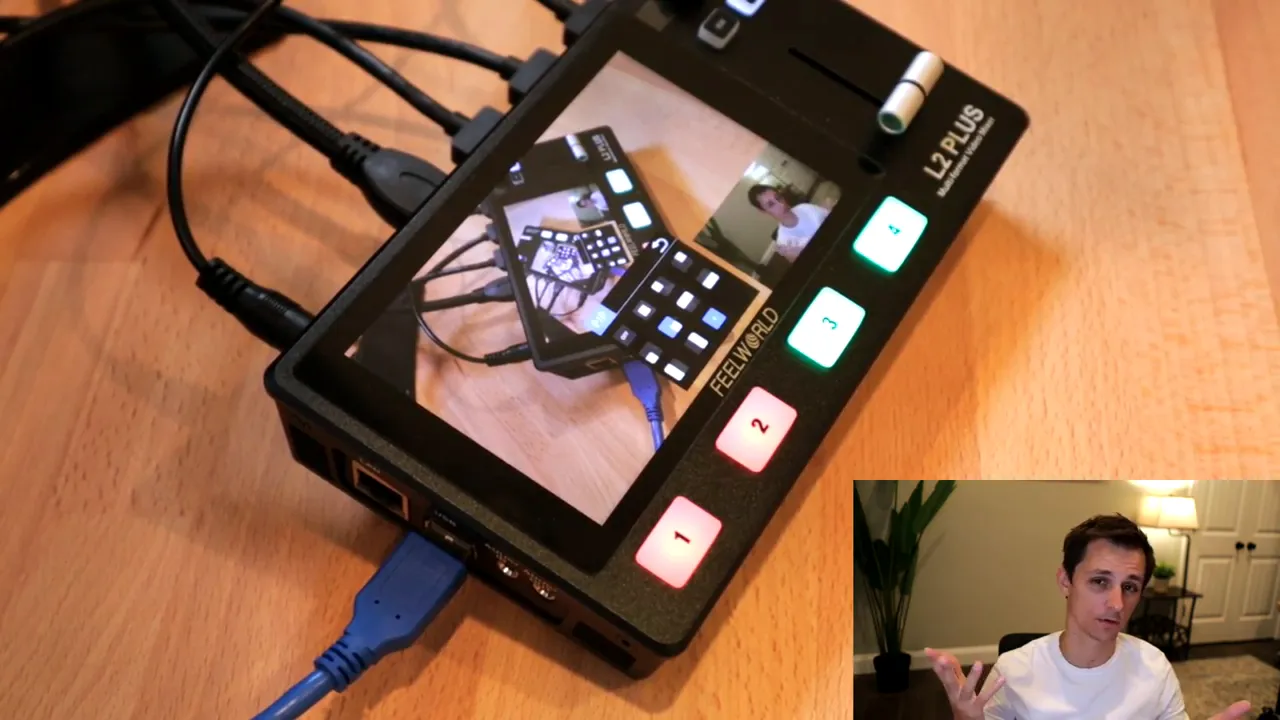Clear shot of the Feelworld L2 Plus showing a picture-in-picture layout: the main preview on the device and a secondary presenter window in the corner of the program output.