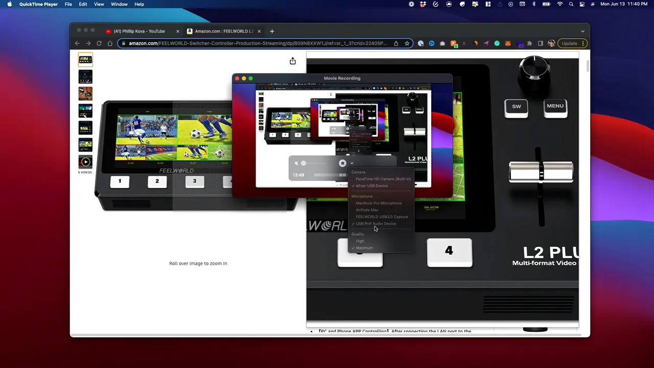 Mac QuickTime movie recording window with device menu highlighting FEELWORLD USB3.0 Capture