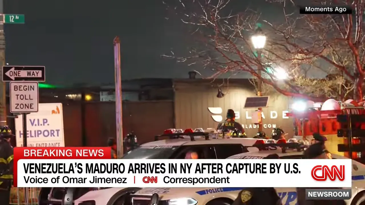Police cars, firefighters and a V.I.P. Heliport sign outside the West Side heliport during a high-security landing