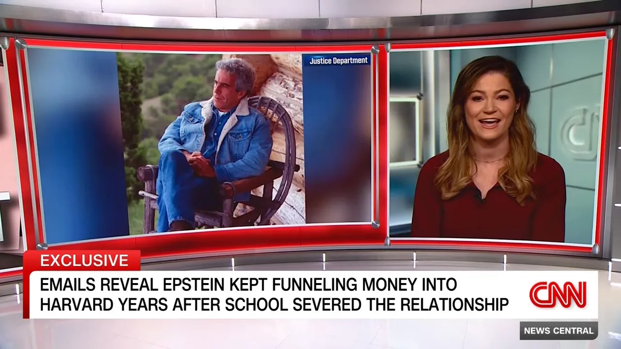 Studio shot with an archival outdoor portrait on the left and an on-air correspondent on the right; chyron about emails revealing funding to Harvard.