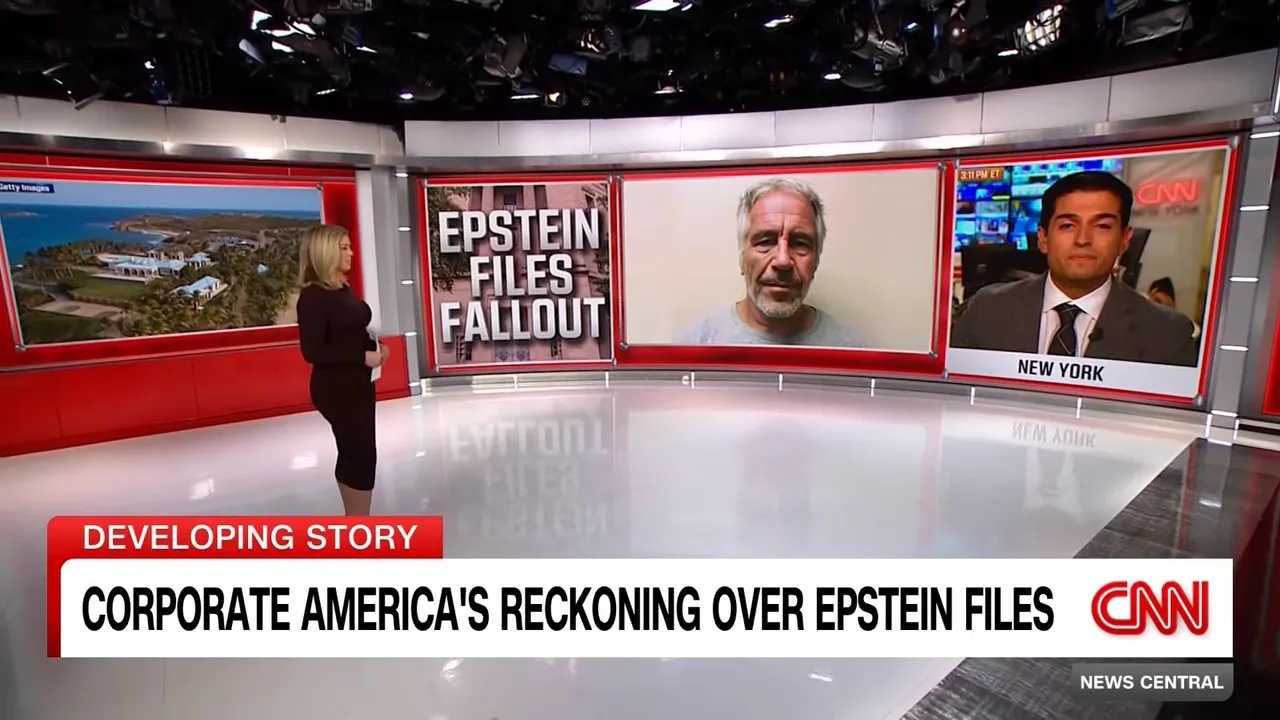 Wide shot of a news studio with a large banner reading 'Corporate America's reckoning over Epstein files' and on-screen images related to Epstein.