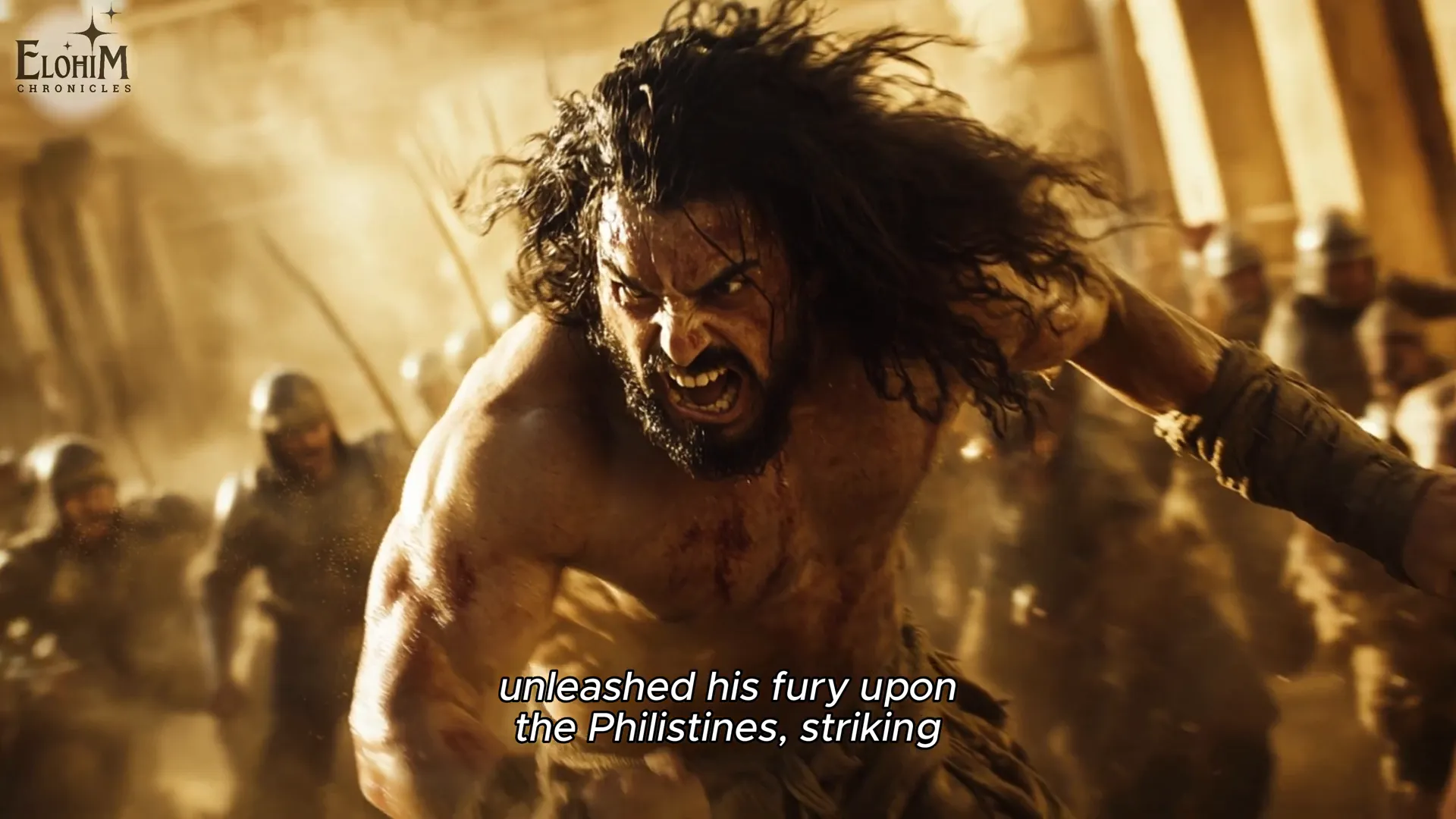 Samson using the jawbone to defeat the Philistines