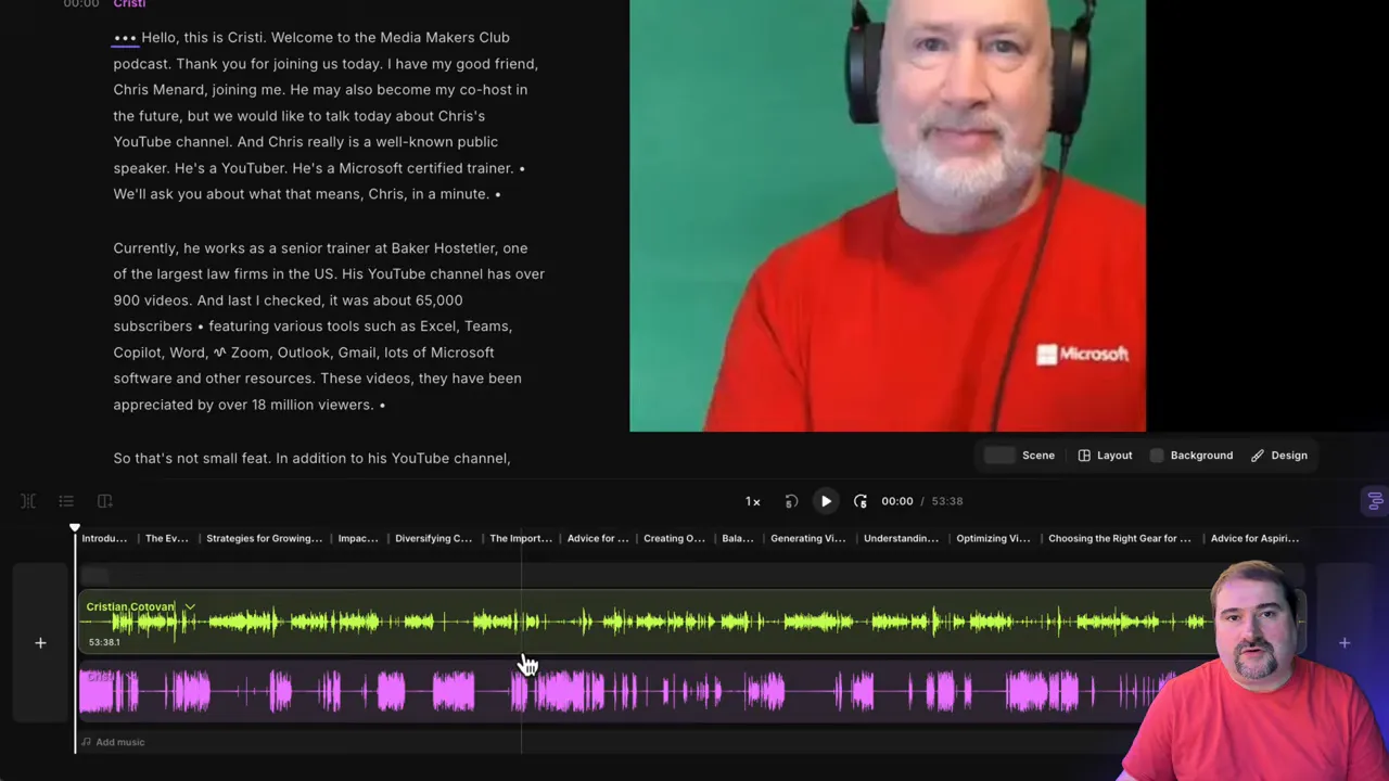 Riverside editor showing transcript on the left, a video preview at top right, and clearly aligned colored audio waveforms in the timeline with a playhead cursor.