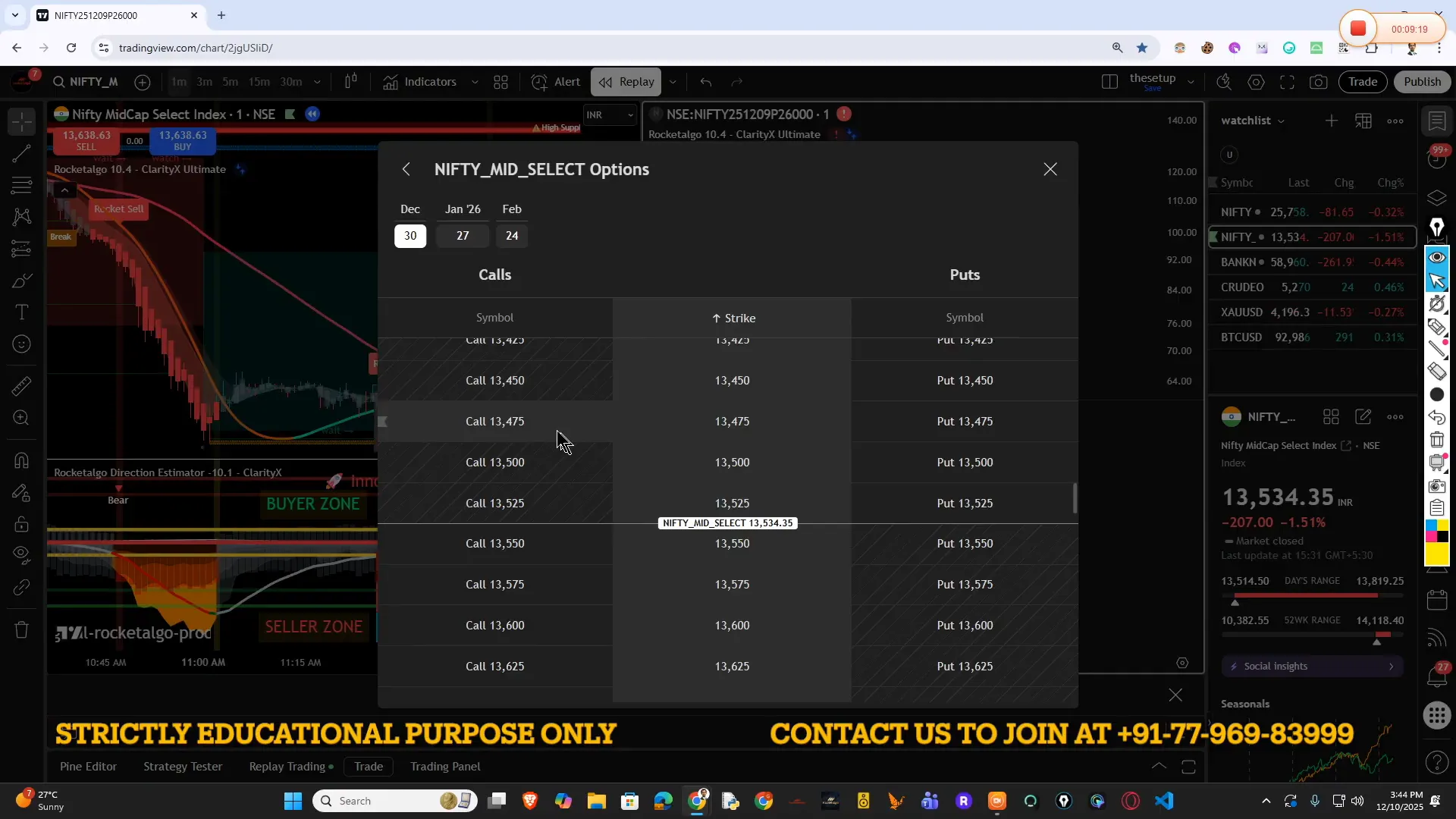 Options chain table for NIFTY_MID_SELECT showing Calls and Puts with strike prices and expiries