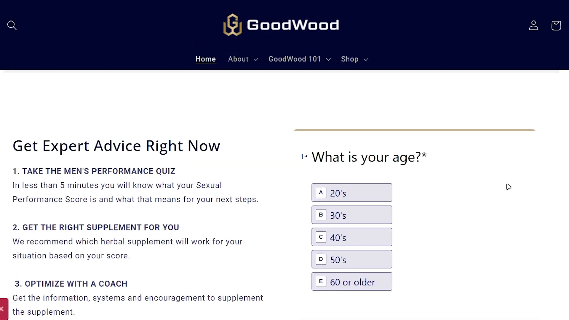 Screenshot of the performance quiz