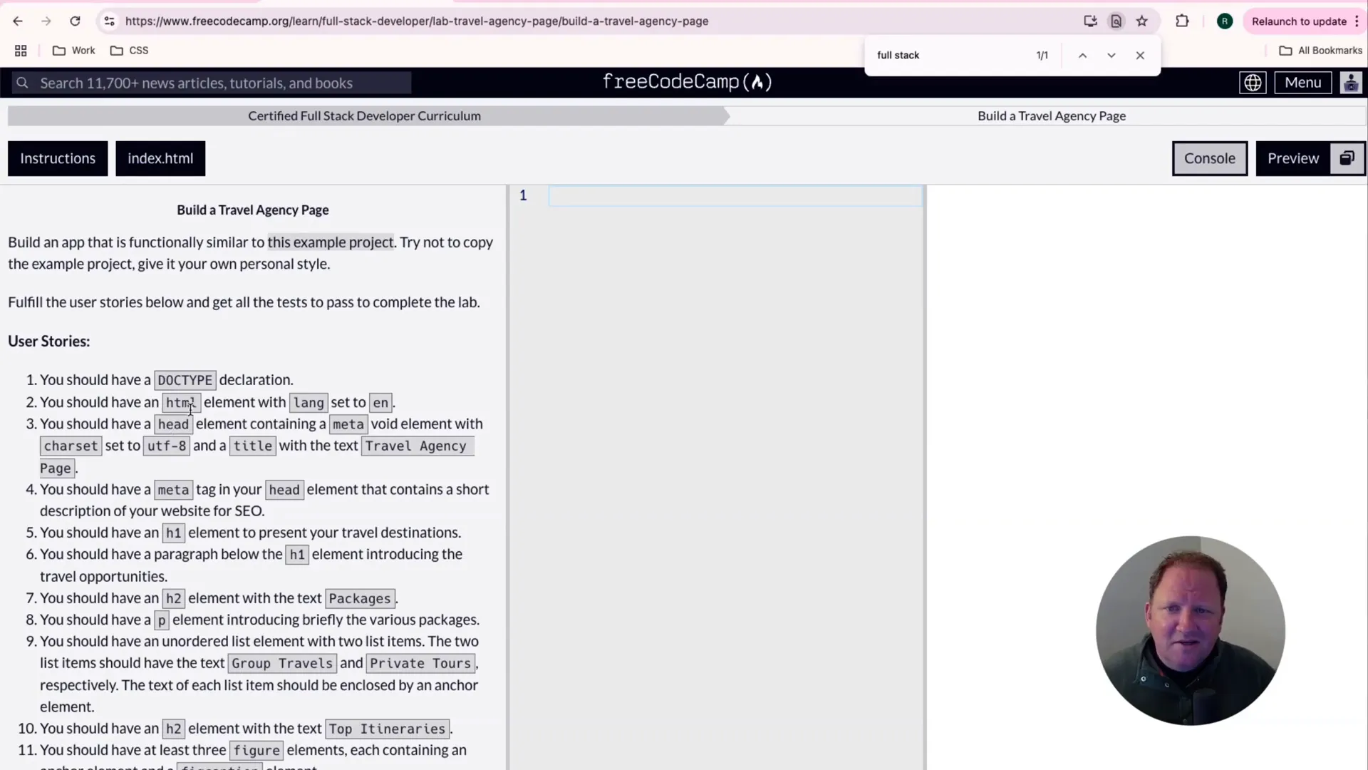 User stories checklist for the travel agency page project