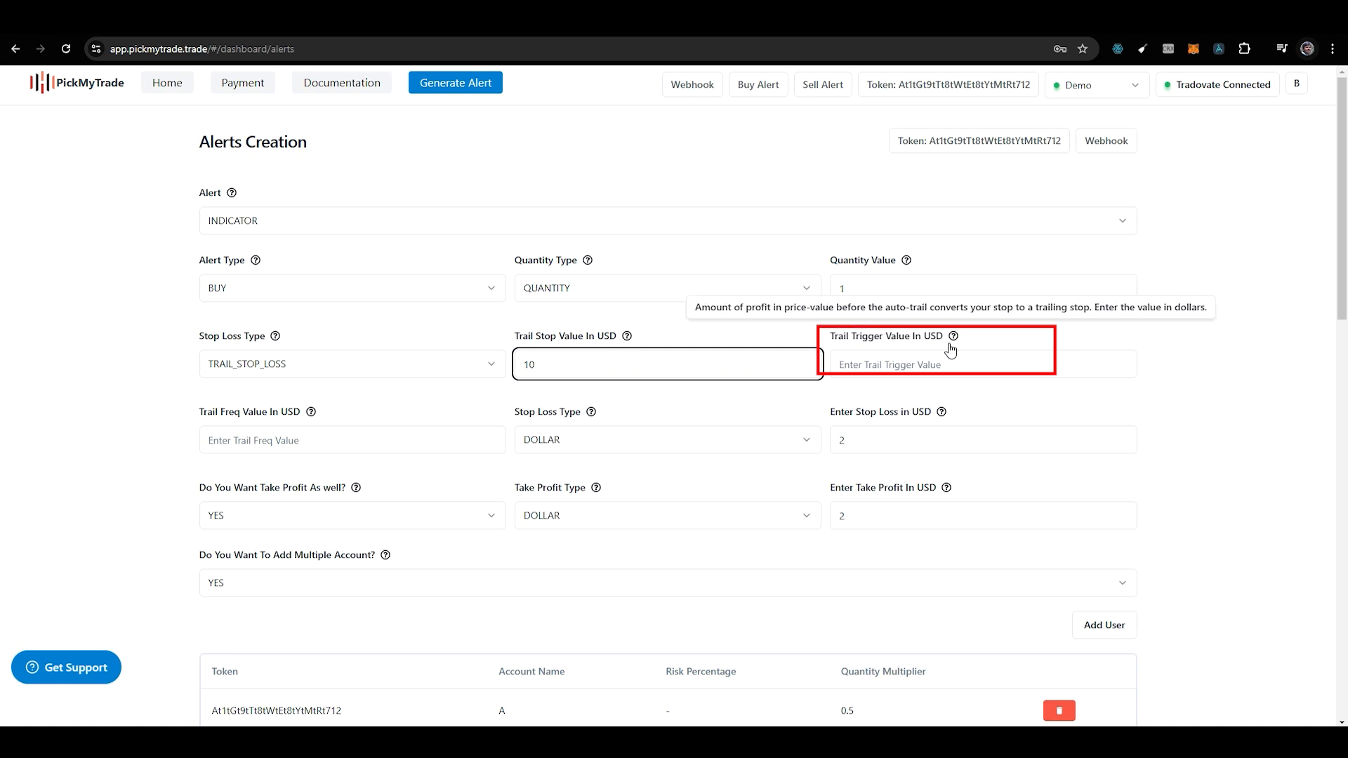 Configuring Trail Stop Loss Values