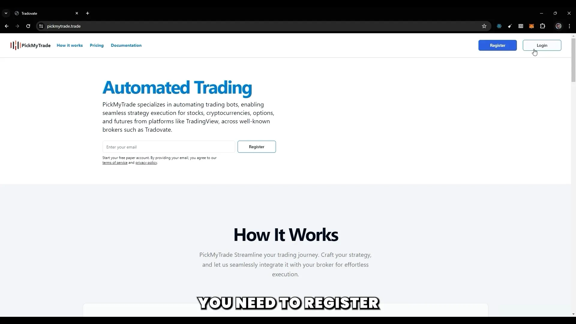 Registration screen of PickMyTrade