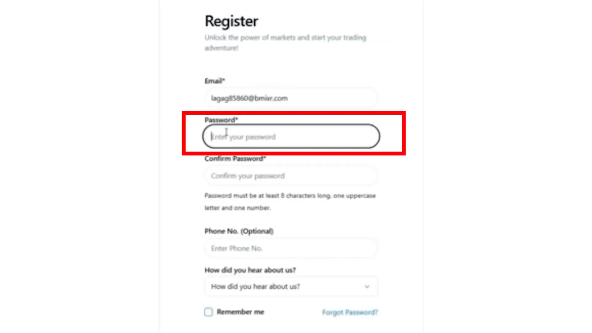 Registration process at PickMyTrade