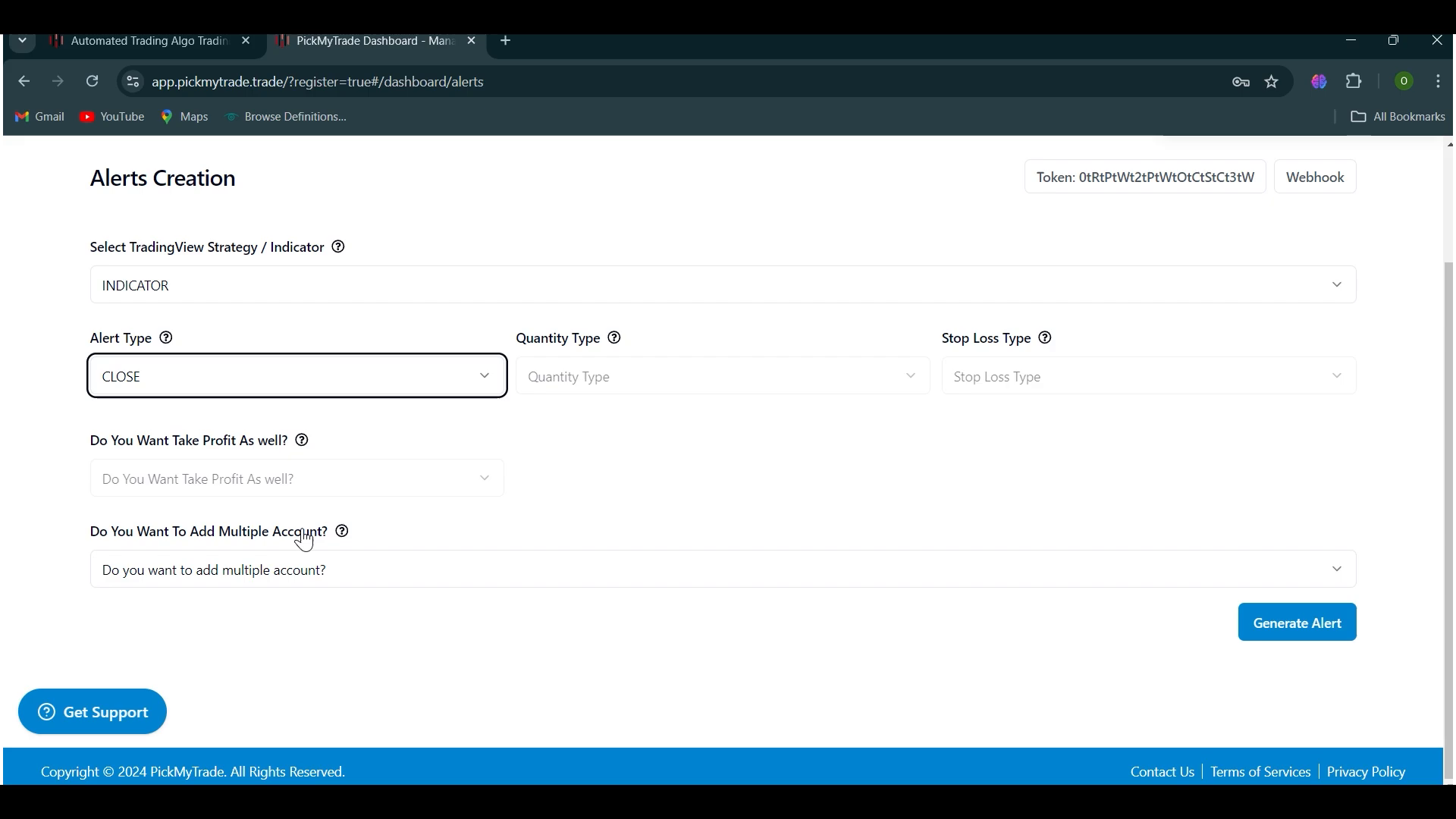 Creating a close alert for an open position