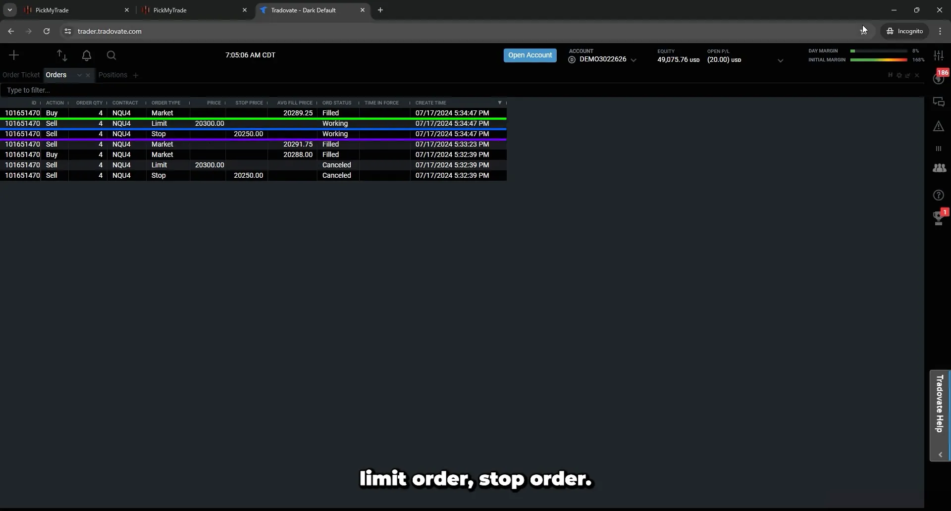 Execution of a sell trade with stop order