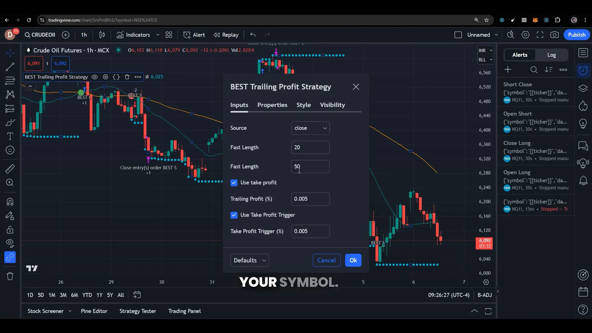 Crude oil chart with trailing take profit strategy applied