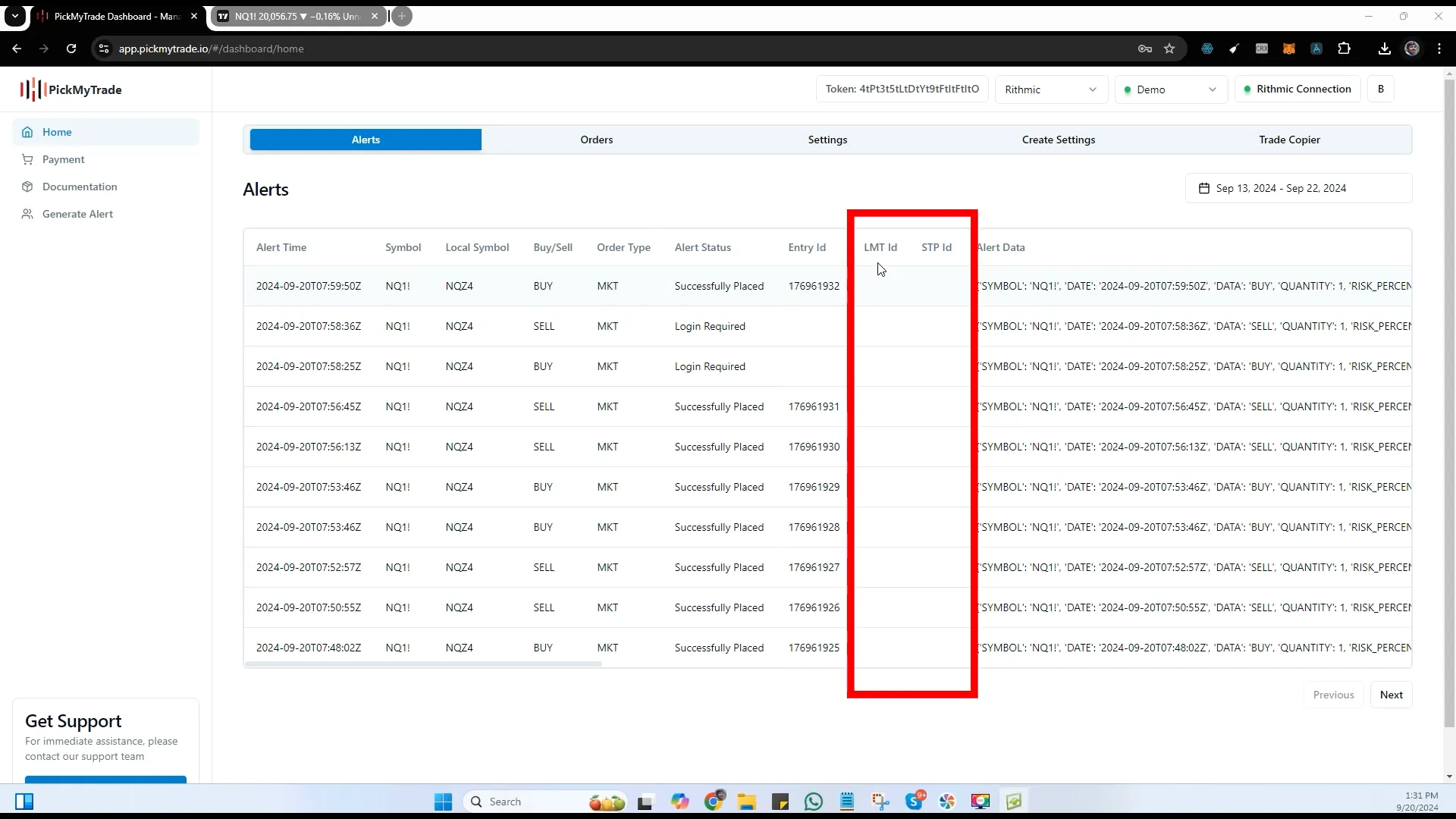 Order section in Rithmic showing order statuses