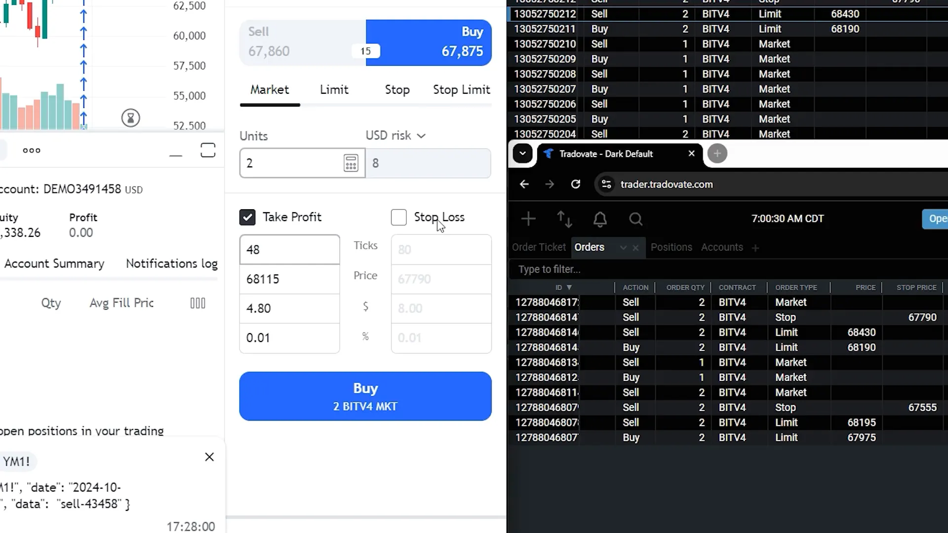 Placing market order on TradingView